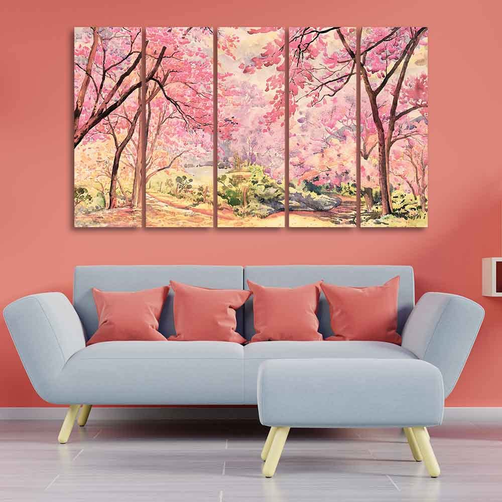 VIBECRAFTS Homcraft Cherry Blossom Tree Premium Wall Painting Set of Five Pieces For Home|Office|Living Room|Gift (PTVC5Pcs4_8641)