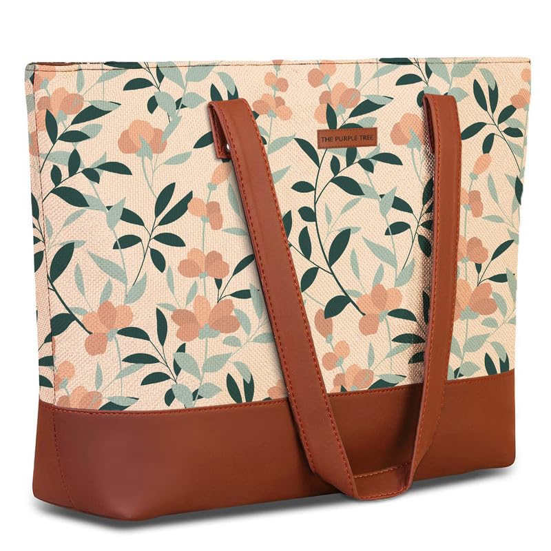 The Purple Tree Women Handcrafted Tote with Vegan Leather Handles & Indian Prints, Leafy Print Shoulder Bag for Office and College, Oversized Contemporary, White