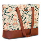 The Purple Tree Women Handcrafted Tote with Vegan Leather Handles & Indian Prints, Leafy Print Shoulder Bag for Office and College, Oversized Contemporary, White