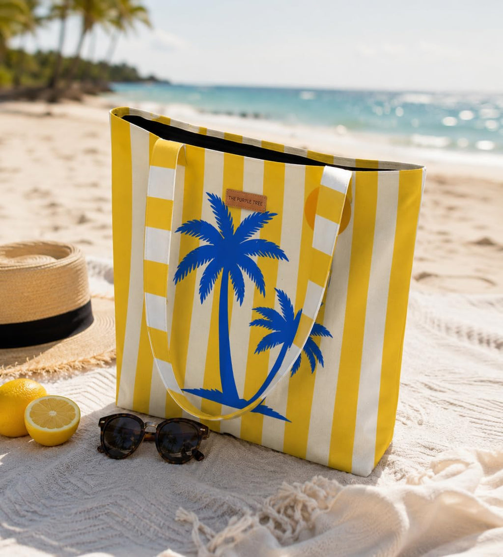 The Purple Tree Yellow Beach Palm Tote Bag for Women | Summer Beach Canvas Beach Tote | Travel Carryall, Shopping Bag, Vacation Tote | 40 x 43 cm