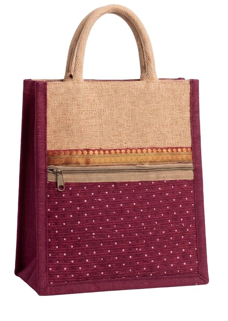 Printed Jute Tote Bag, Natural Jute Fabric, Vibrant Stick-Figure Print Design, Spacious Interior with Sturdy Handles, Lightweight Handbag for Daily Use, Shopping, Office, College, जूट बैग, 12 * 10,