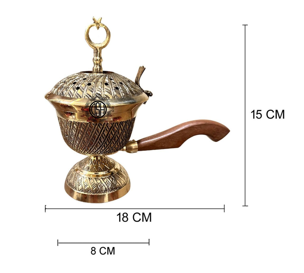 DSH CRAFTING YOUR CURIOSITY Brass Dhuna Loban Burner with Wooden Handle Dhoop Dani Dhooni Decorative Insence Burner Holder and Gift Items (LBN-17-MOONstar)