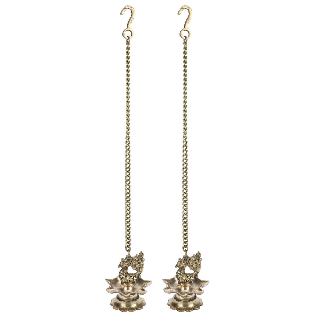 Artvarko Brass Hanging Peacock Diya Pair with Chain Deepak Deepam Hanger Large Oil Lamp 16 Inches