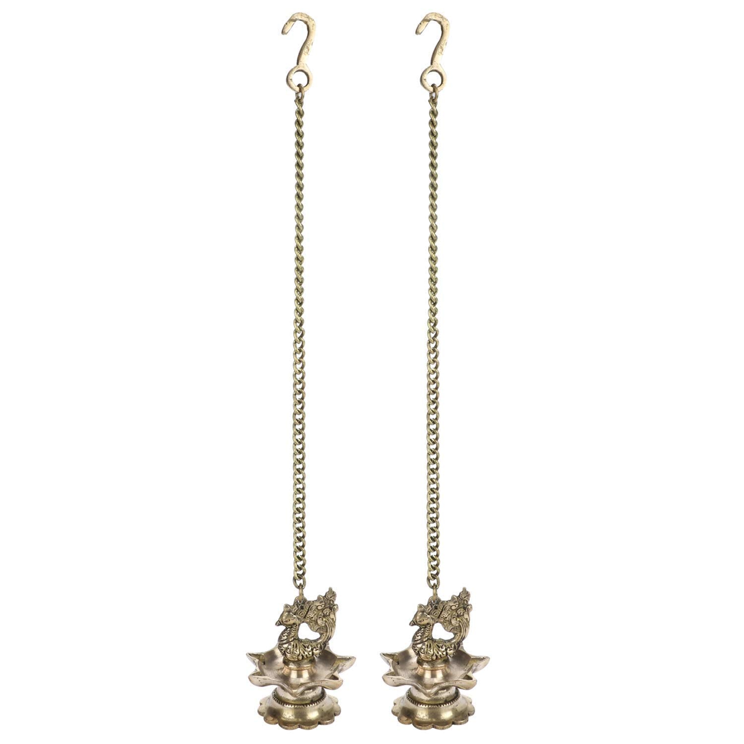 Artvarko Brass Hanging Peacock Diya Pair with Chain Deepak Deepam Hanger Large Oil Lamp 16 Inches