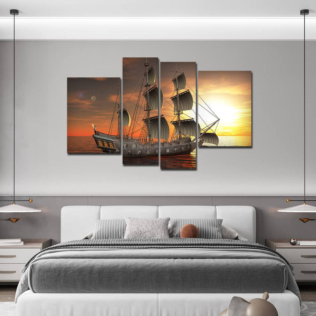 VIBECRAFTS Beautiful Sailing Boat 4 Pieces Canvas Wall Painting Fitted With Wooden Frame For Home | Office | Living Room | Gifts (PTVC4Pcs2_14502N)