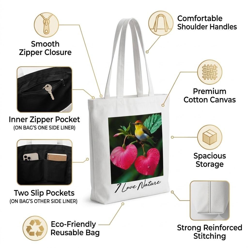 MINTHILL Canvas premium Tote Bag for Women with Zipper & liner, innerpocket Reusable Shoulder Bag for Shopping, Work, Travel, Daily Carry, Lightweight, Easy Care (Bird & nature)