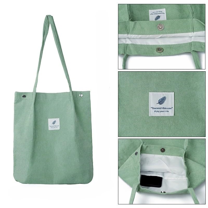 Street27 Korean Canvas Corduroy Tote Bag Casual Work Shoulder Handbags, Multi-Purpose Bag, Sturdy Canvas Bag With Large Capacity, Shopping Bag For Office, College & Daily Use (Light Green, Womens)