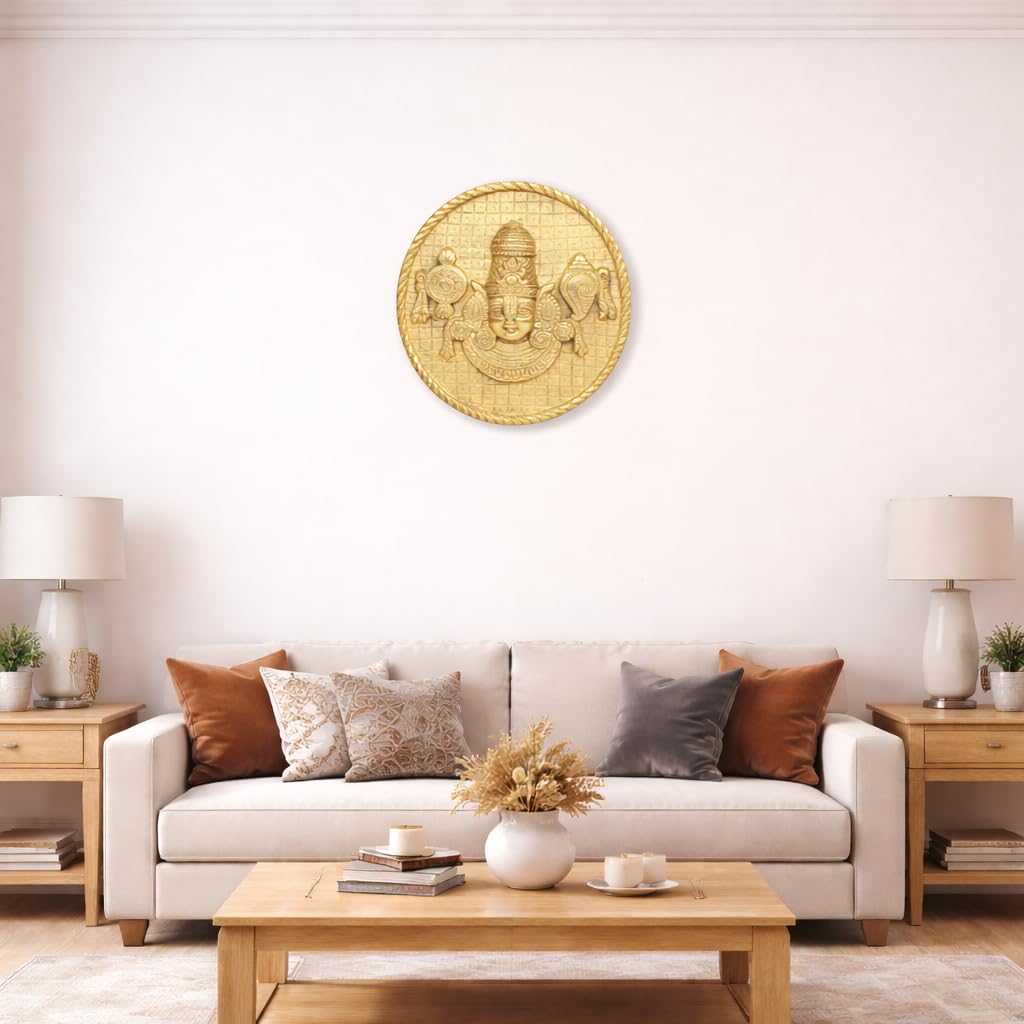 ARTVARKO Brass Lord Tirupati Balaji Sri Venkateswara with Shankh Chakra Wall Hanging Idol Showpiece Home Décor (6.5x7 Inch)