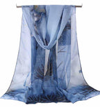 Alexvyan Blue Floral Chiffon Summer Scarves 150 x 50 cm, Light Weightwith Stitched Border, Lightweight Fashion Scarf for Women Sun Protection Stole