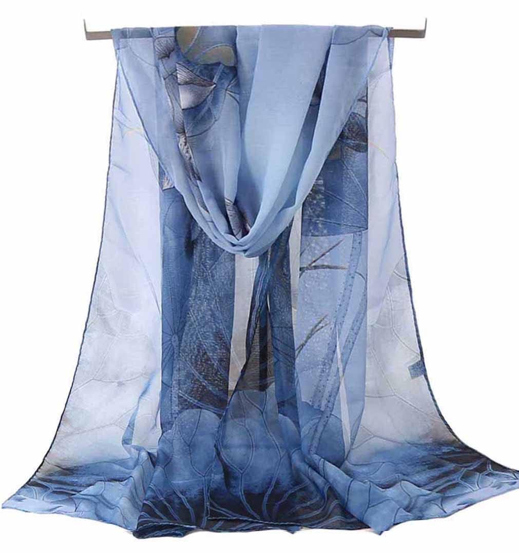 Alexvyan Blue Floral Chiffon Summer Scarves 150 x 50 cm, Light Weightwith Stitched Border, Lightweight Fashion Scarf for Women Sun Protection Stole