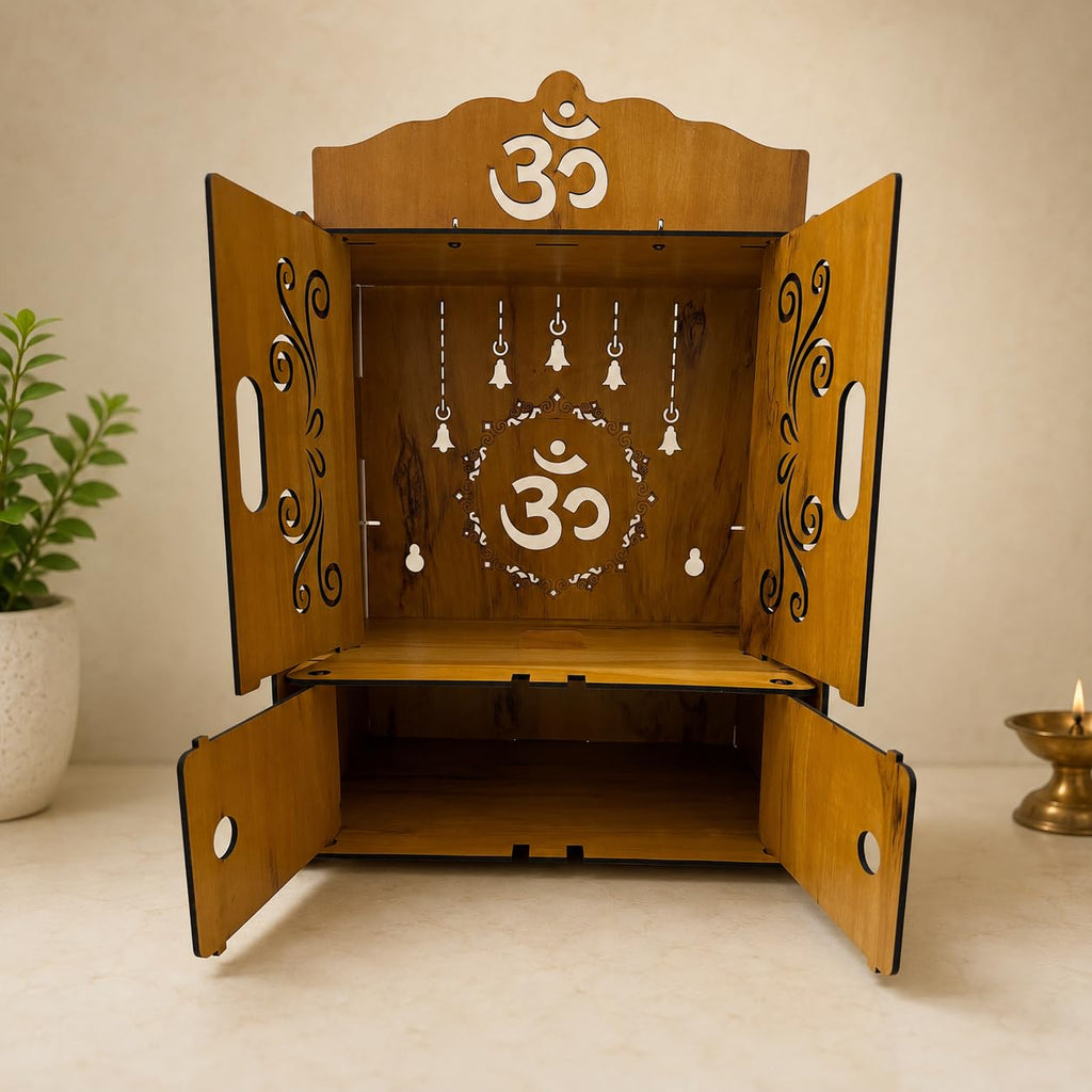 Privla Wooden DIY Small Size Home Temple with Door & Drawer Engineered Wood Pooja Mandir for Home-Office | OM-with Bells Design | Wall Hanging & Floor Resting Mandir (OM with Bells-) 36 * 20 * 25