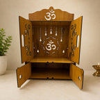 Privla Wooden DIY Small Size Home Temple with Door & Drawer Engineered Wood Pooja Mandir for Home-Office | OM-with Bells Design | Wall Hanging & Floor Resting Mandir (OM with Bells-) 36 * 20 * 25