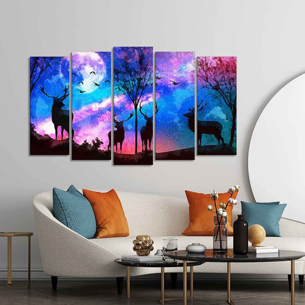 VIBECRAFTS Deer Silhouette Colorful Sky Wall Painting of Five Pieces Set For Home|Office|Living Room|Gift (PTVC5Pcs2_6550)