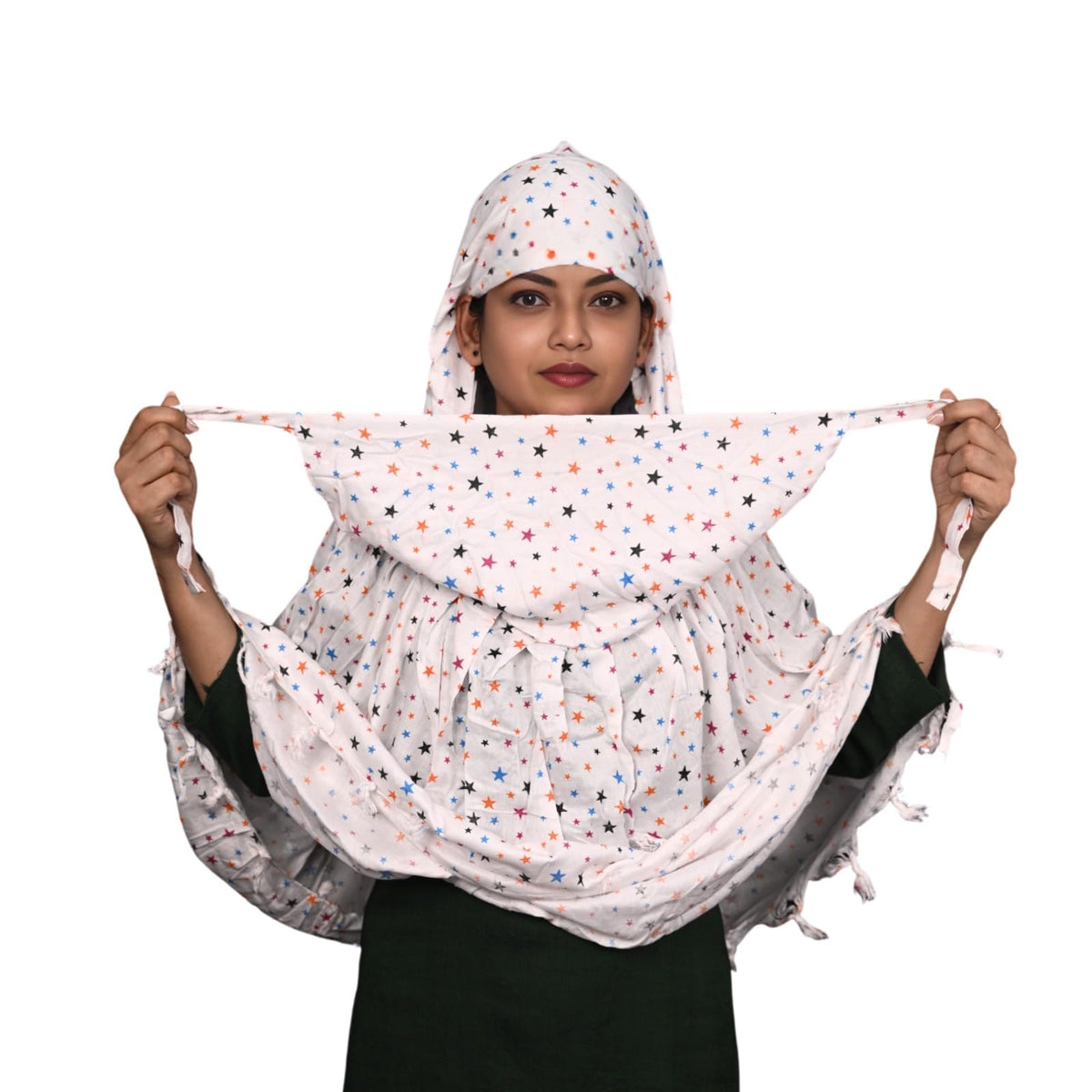 HYLOL Pure Cotton White Innovative Stylish Star Printed Pattern Fancy Scarf With Sun Protection Cover Face Cotton Mask For Women's And Girls (Star) For Female