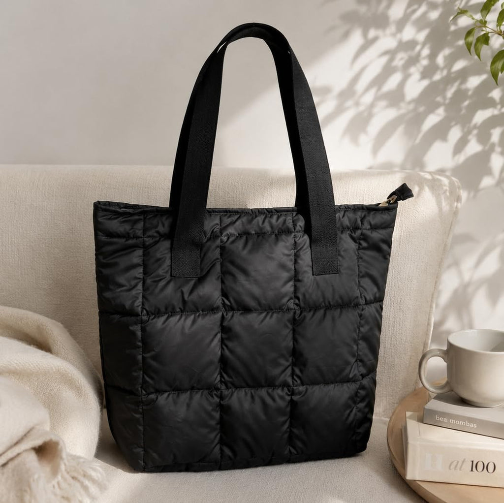 The Purple Tree Quilted Tote Bag for Women | Water Resistant Puffy Shoulder Bag with Zipper | Lightweight Plush Handbag for College, Work, Shopping & Everyday Use | Trendy Fashion Tote