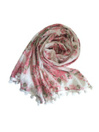 Women's Floral Print MalMal Cotton Scarf with Pom Pom Lace, Pink Rose Pattern, Lightweight Fashion Wrap Shawl