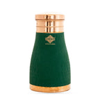 INDIAN ART VILLA Pure Copper Bedroom Water Bottle with Inbuilt Glass, Green Silk Finish Hammered Design, Drinkware & Storage Purpose - Volume 950 ML (Pack of 1)