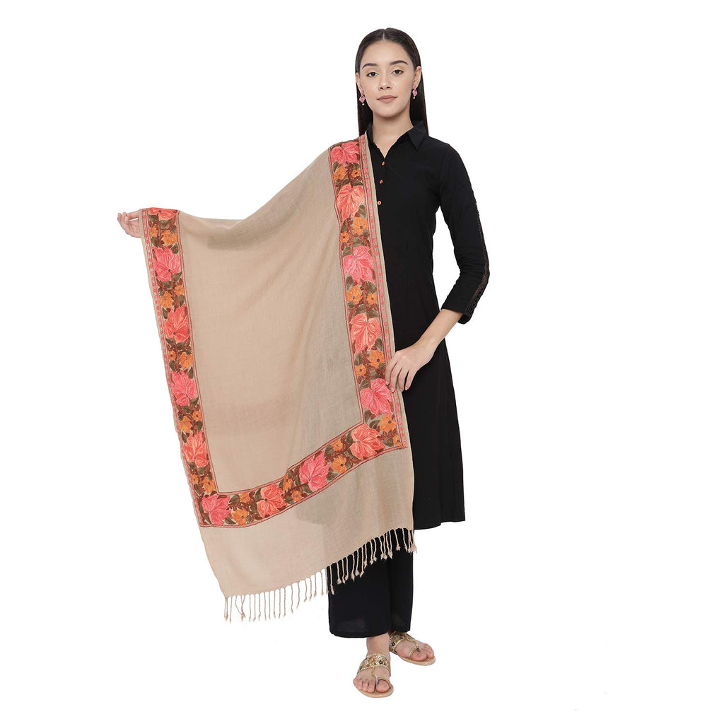 Pashmoda Women’s 100% Pure Wool Aari Embroidered Stole, Shawl and Wrap, Woolmark Certified, Sustainable and Natural Fabric (Size 28x80)(Beige)