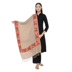 Pashmoda Women’s 100% Pure Wool Aari Embroidered Stole, Shawl and Wrap, Woolmark Certified, Sustainable and Natural Fabric (Size 28x80)(Beige)
