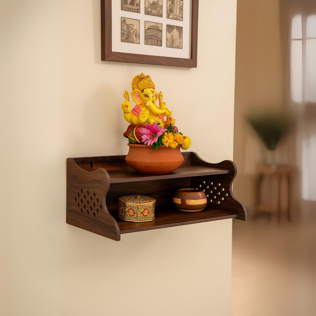 HOMEWEY DECOR Handcrafted Wooden Home Temple for Wall Mount | Premium Pooja Mandir with Strong Support for Heavy Idols | Luxurious Finish Wooden Mandir for Home Office and Prayer Room (Style-03)
