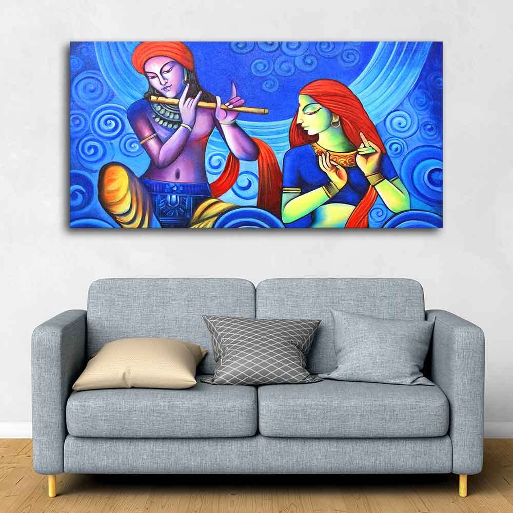 VIBECRAFTS Canvas Paintings for Living Room Drawing Room Radha Krishna Canvas Wall Painting Fitted With Wooden Frame For Home | Office | Living Room | Gift (PTVCH_2476)