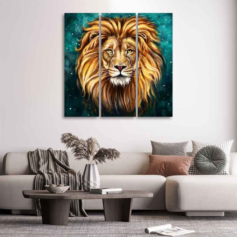 VIBECRAFTS 3 Pieces Lion Face Canvas Wall Painting Fitted With Wooden Frame For Home | Office | Living Room | Gifts (PTVC3Pcs1_9508)