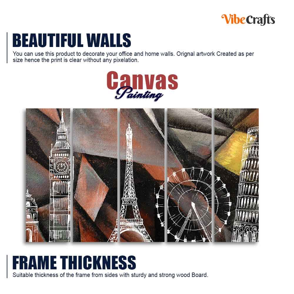 VIBECRAFTS Abstract Art Famous Architectures Five Pieces Canvas Wall Painting For Home|Office|Living Room|Gift (PTVC5Pcs4_8643)