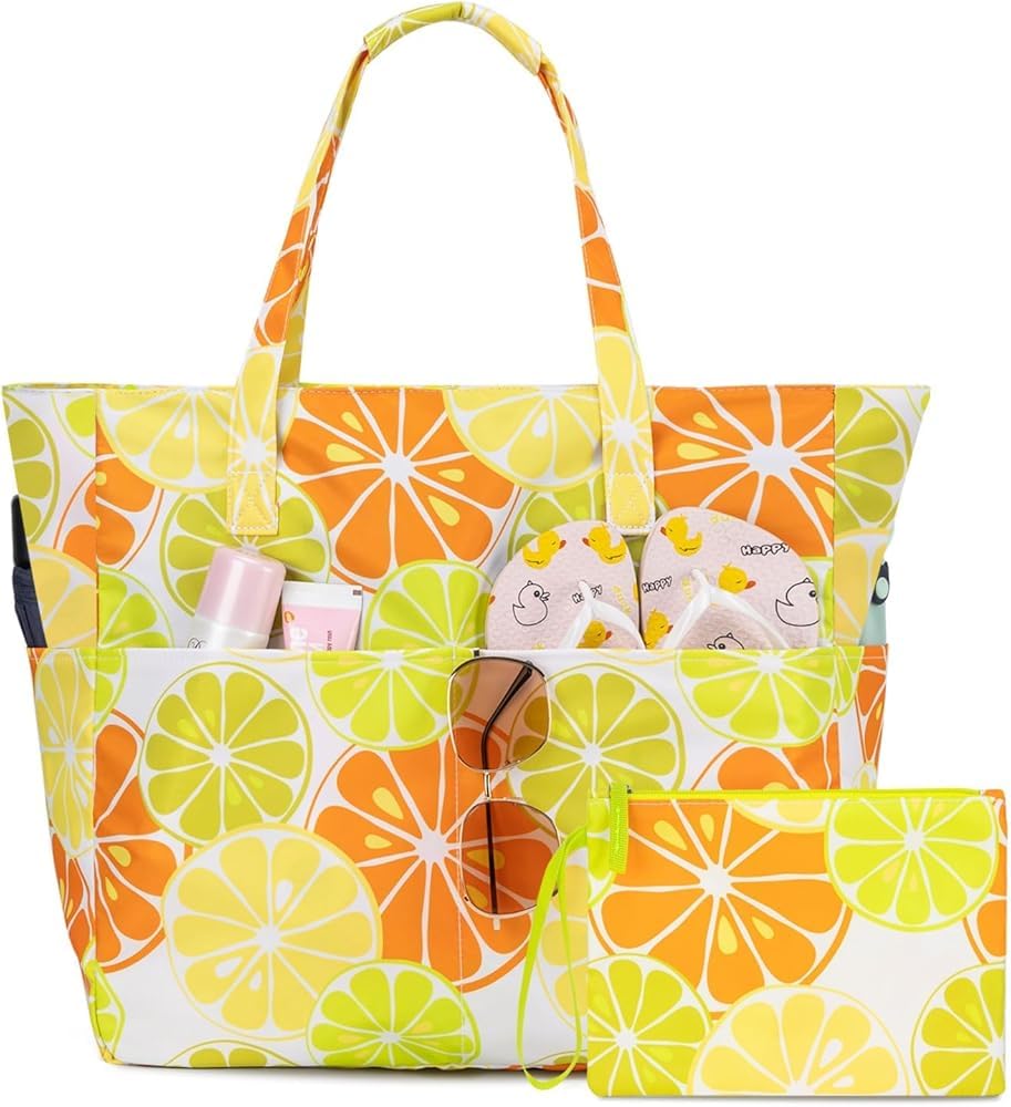 hirTa Gab Tote Bag with Makeup Pouch for Teacher Women Office Girls Work Multipurpose Hanbag Mostly Used for Travel Grocery Beach Hobo Waterproof Sandproof Lightweight Pool Bag (Lemon Yellow)