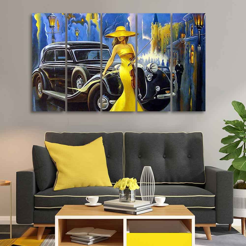 VIBECRAFTS Beautiful Women With Car 5 Pieces Canvas Wall Painting For Home | Office | Living Room | Gift (PTVC5Pcs4_8520)
