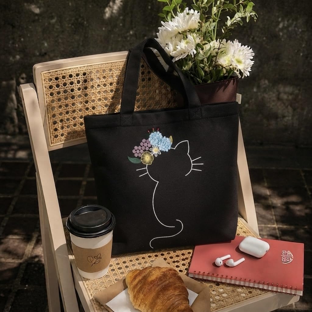 MASQ Premium ToteBag for Women with Zipper | Embroidered Foldable Shoulder Bag with Multiple Pockets | Spacious Handbag for College & Office | Eco-Friendly & Reusable (AP_TB_Tiaraa_Cat_01)