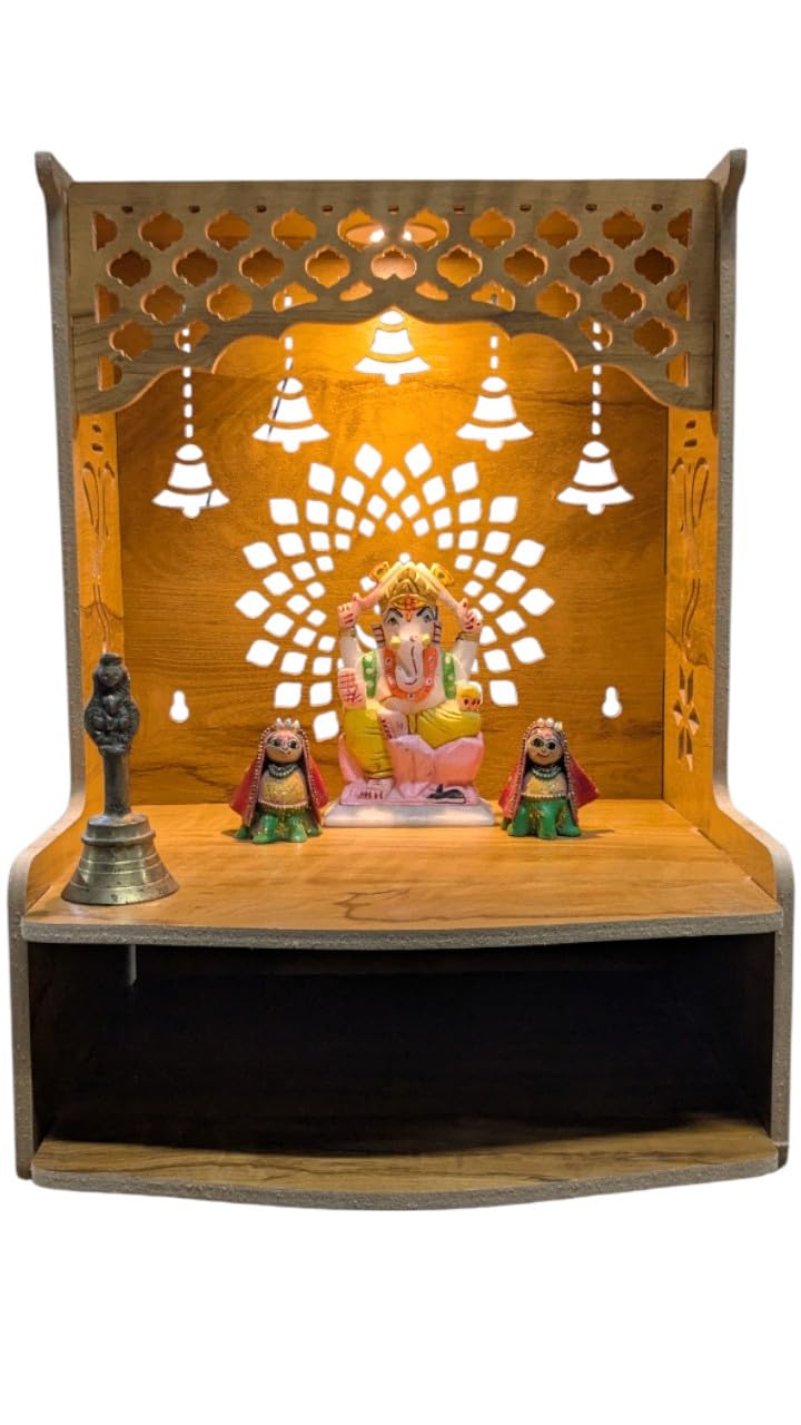 PIXELCRAFTS Wooden Temple Puja Mandir Art and Crafts Temple for Home Shop Office with LED SPOT Light. (Size – H 15.5X L 11.5 x W 11 inch)