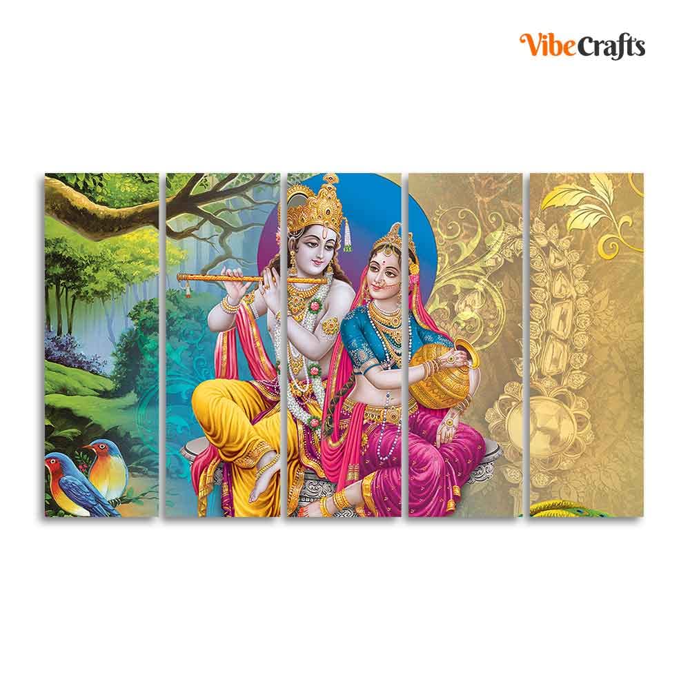 VIBECRAFTS Beautiful Wall Painting of Radha Krishna Set of Five Pieces For Home|Office|Living Room|Gift (PTVC5Pcs4_8728)