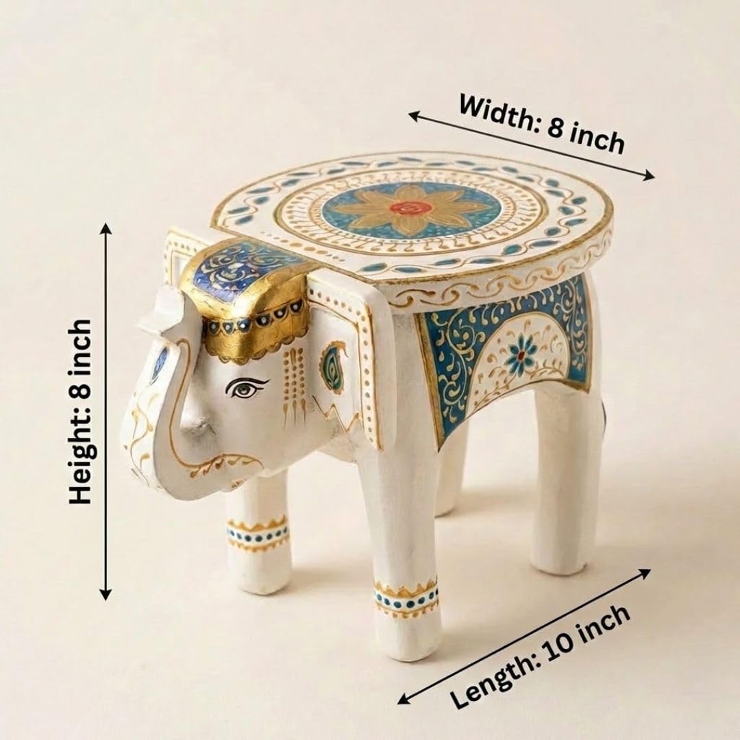 ATRANGI STUDIO Classic White Handpainted Wooden Elephant Stool Cum Showpiece | Mango Wood Traditional Multipurpose Stool for Living Room Decor & Mandir | Perfect for Plant Stand | 8x8x10 inch