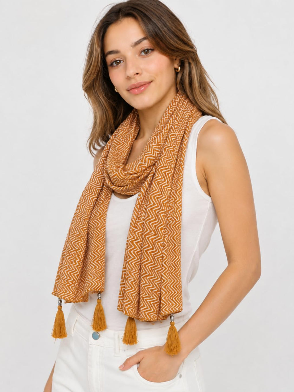 Women's Boho Scarf, Mustard Yellow, Chevron Zigzag Print with Tassel Ends