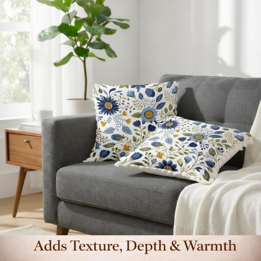 STITCHNEST 'Little Meadow Series' Tassled Cushion Cover | Set of 2 | Floral Cushion Cover 16 inch x 16 inch