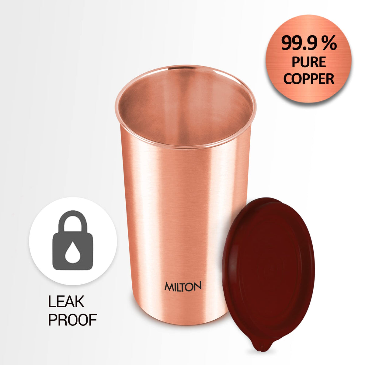 MILTON Copper Tumbler with Lid, 480ml, 100% Pure Copper, BPA Free, Leak Proof, Office, Boosts Immunity, Supports Digestive & Liver Health, Ayurveda Inspired