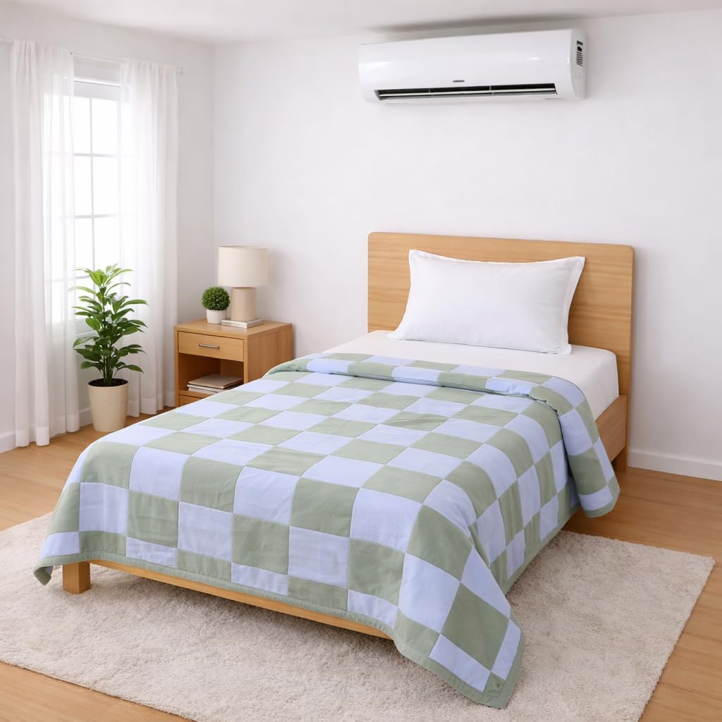 Bhoomi Impex Double Bed Dohar Sage Green Check | Lightweight Summer Quilt | Soft Microfiber AC Blanket | Breathable All Season Comforter | Skin Friendly Bed Cover Kafalo