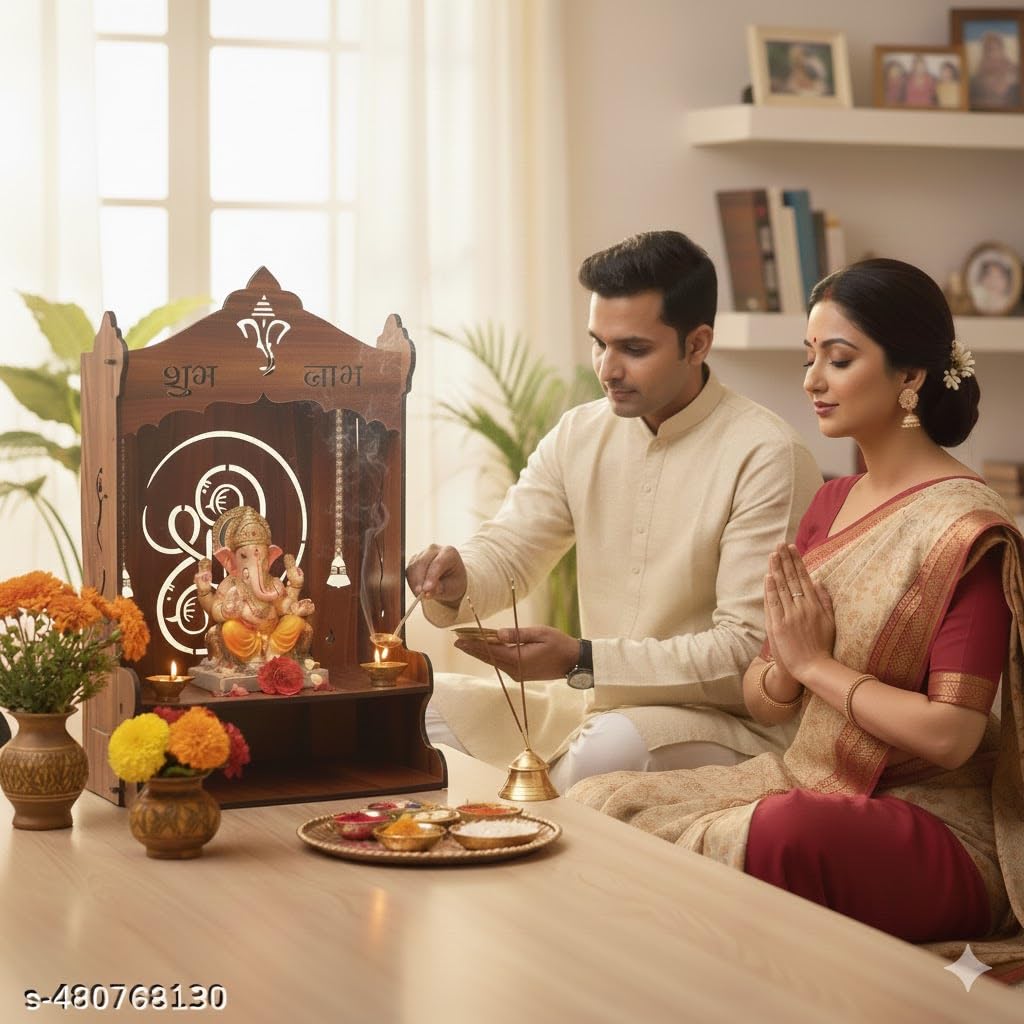 Wooden Home & Office Temple, Brown, Shubh Labh Design, Wall Mounted Mandir with Bells, Home Pooja Decor