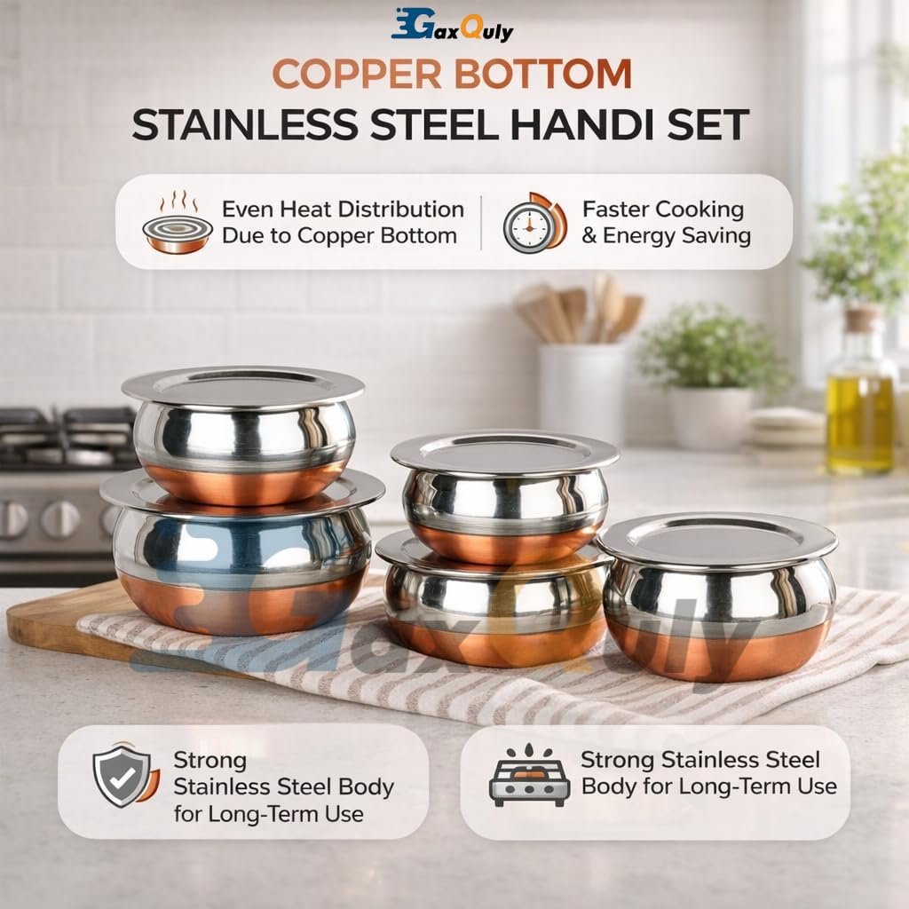 GaxQuly Stainless Steel Copper Bottom Urli Handi Set Kitchen Serving, Cooking Bowl Cookware Set | Milk Pan Tea & Coffee Punjabi Biryani Pot tapeli patila 0.5/0.75/1/1.25/1.5 Liter (Lid Handi 5pcs)