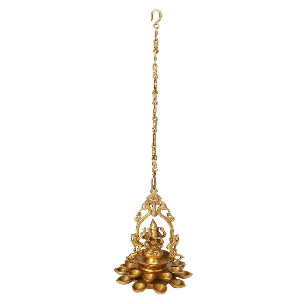 Artvarko Brass Decor Diwali Deepam Diya for Entrance with Ganesh Ganesha Ganpati Moorti Idol Chain Hanging Multi Diya for Pooja Table with Stand Height with Chain 29 Inch