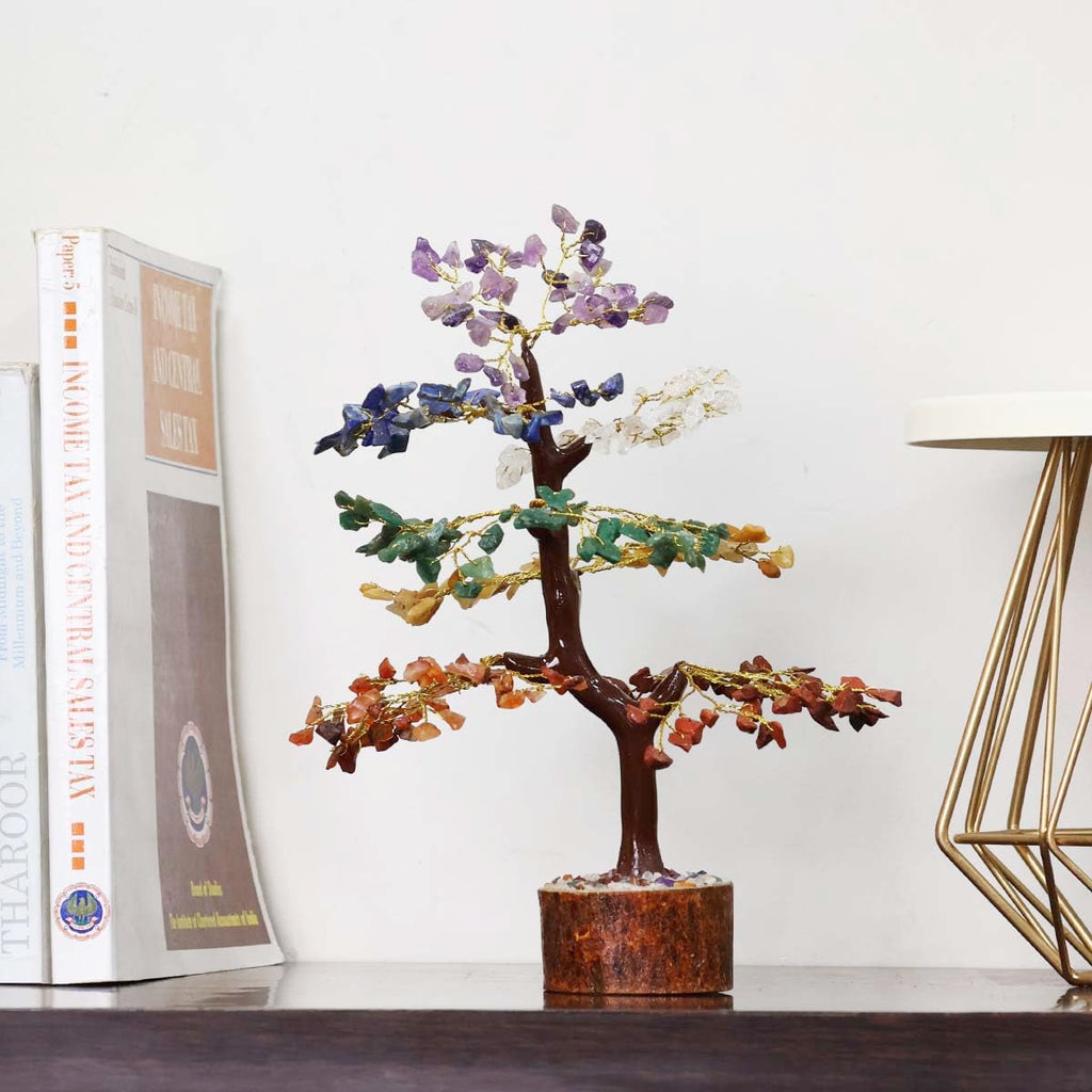 Shubhanjali 7 Chakra Tree M-Seal 300 Beads for Home Decor | Crystal Tree for Positivity Goodluck | Gemstones | Feng Shui Stone Tree for Living Room, Office Desk & Hall Decor | Christmas Decor Gift