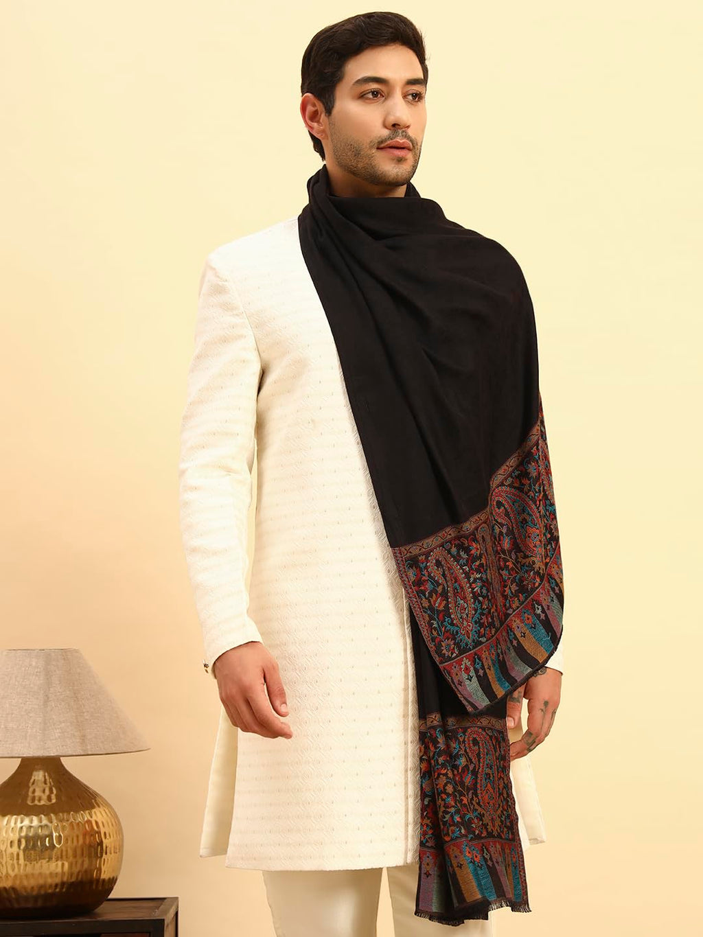 Pashmoda Men Gulpari Kaani Stole, Authentic Kashmiri Luxury Pashmina Style Shawl, Stole, Small Size Gents Lohi, (Size 28x80 Inches,Black Color) MAVST06