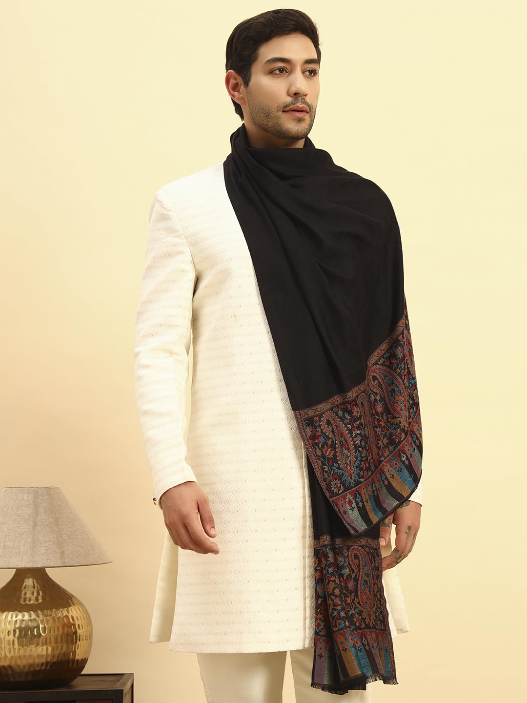 Pashmoda Men Gulpari Kaani Stole, Authentic Kashmiri Luxury Pashmina Style Shawl, Stole, Small Size Gents Lohi, (Size 28x80 Inches,Black Color) MAVST06