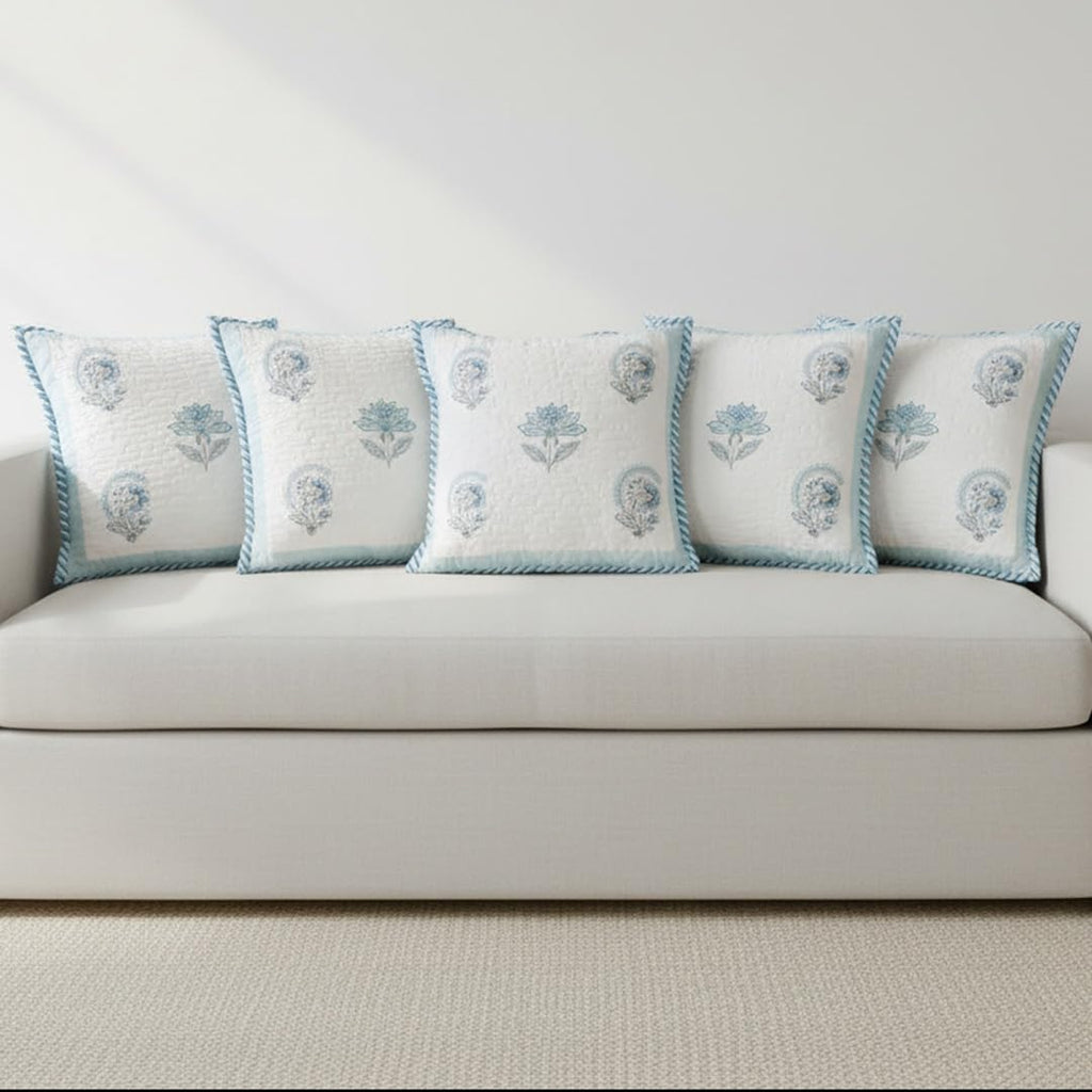HOMEMONDE 24x24 Inch Cushion Covers Set of 5 – Hand Block Printed, 300 TC Cotton, Soft Square Throw Pillow Cases for Sofa, Living Room & Kids Room – Baby Blue (60x60 cm)
