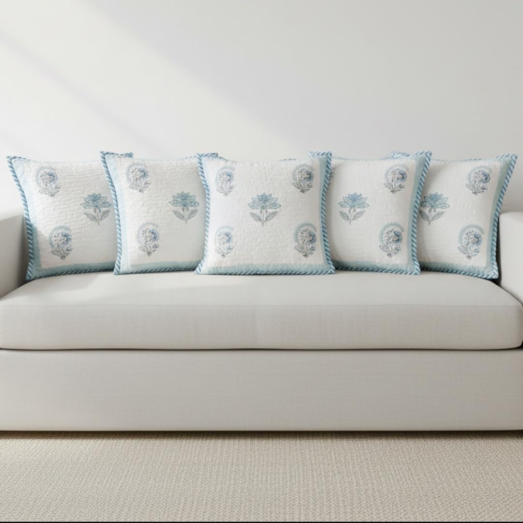 HOMEMONDE 24x24 Inch Cushion Covers Set of 5 – Hand Block Printed, 300 TC Cotton, Soft Square Throw Pillow Cases for Sofa, Living Room & Kids Room – Baby Blue (60x60 cm)