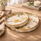 Dreams n Decor Floral Round Wooden Tray Set of 2 | MDF Serving Tray with Gold Enamel Finish | Decorative Tray for Home, Coffee Table & Gifting | 7 & 9 Inch | Kitchen & Dining