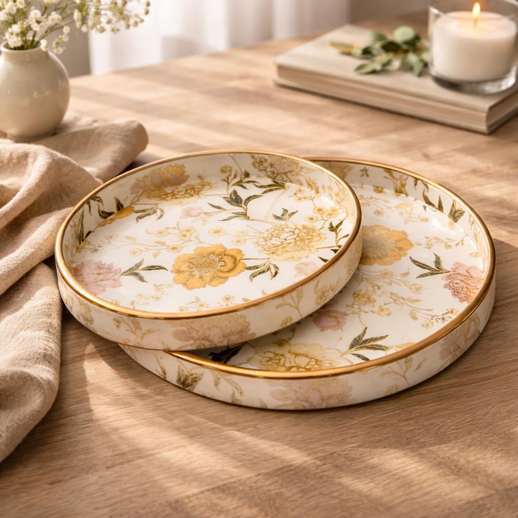 Dreams n Decor Floral Round Wooden Tray Set of 2 | MDF Serving Tray with Gold Enamel Finish | Decorative Tray for Home, Coffee Table & Gifting | 7 & 9 Inch | Kitchen & Dining
