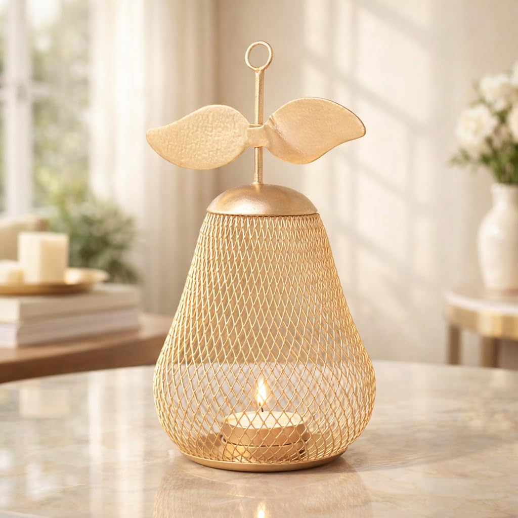 MARKET 99 Metal Pear T- Lite Holder - Golden | Elegant Home Decor for Diwali, Christmas, Birthday, and Wedding | Decorative Candle Holder for Ideal for Festive & Ambient Lighting| Golden