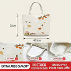 Canvas Tote Bag, Autumn Harvest Print, Large Shoulder Bag, White, Casual Style