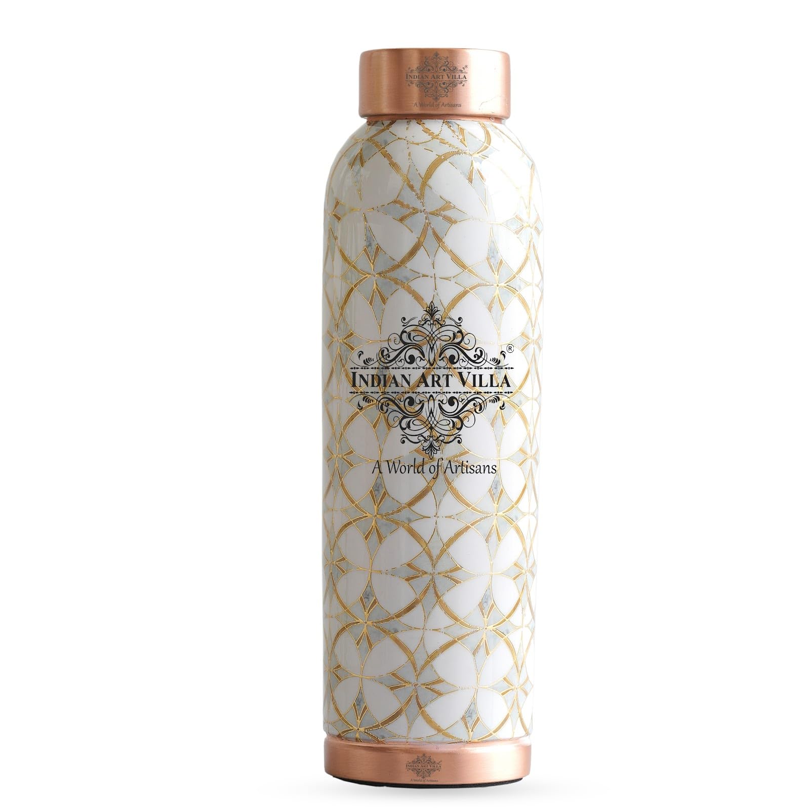 INDIAN ART VILLA Copper Gold Block Print Copper Bottle, Copper Drinkware, Volume- 900 ML (Pack of 1)